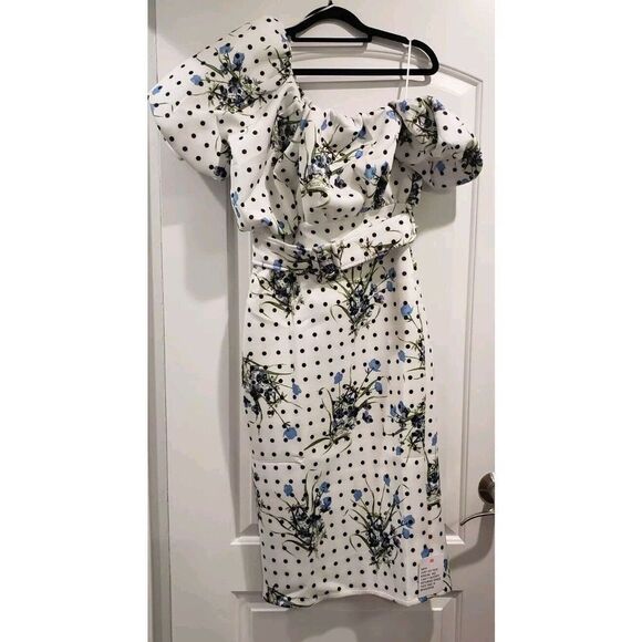 ASOS Design Asymmetrical Shoulder Floral Polka Dot‎ dress Size US 8 NWT - Picture 1 of 8